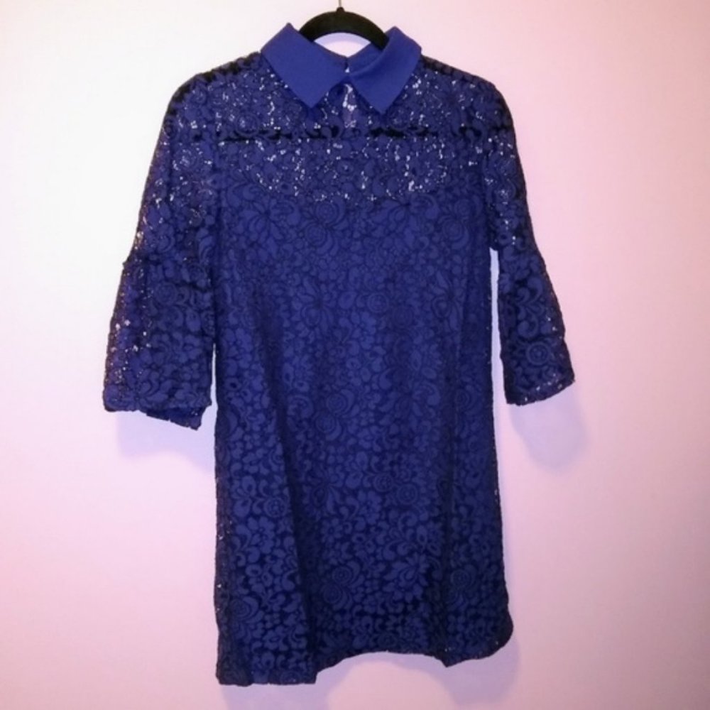 Boutique French Lace Navy Blue Collar Shift Dress - Picture 3 of 8